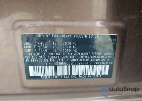 2013 Subaru Legacy 2.5I Premium из США, поврежденный, VIN 4S3BMBC63D3029330